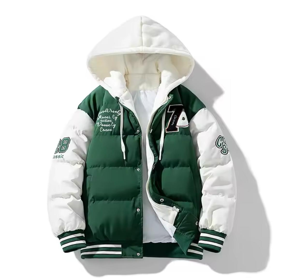 New men's cotton coats, winter fashion, thick hooded cotton coat, loose and warm embroidered print fake two-piece 🧥