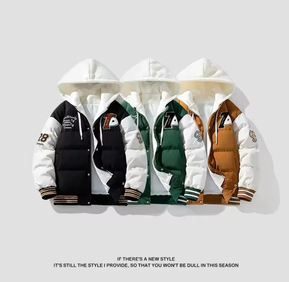New men's cotton coats, winter fashion, thick hooded cotton coat, loose and warm embroidered print fake two-piece 🧥