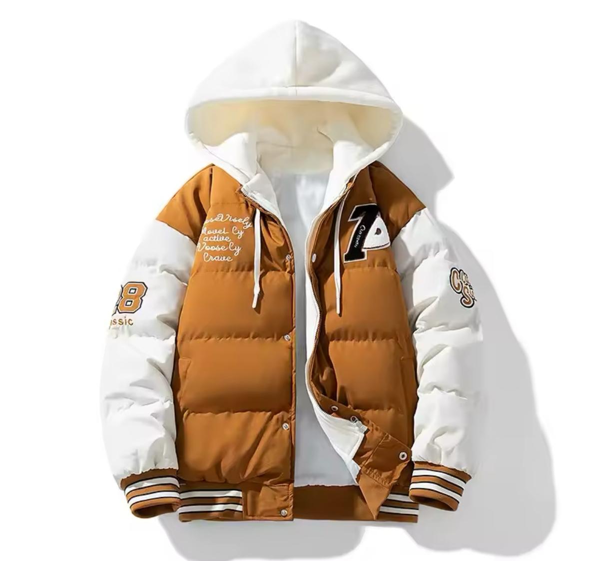 New men's cotton coats, winter fashion, thick hooded cotton coat, loose and warm embroidered print fake two-piece 🧥