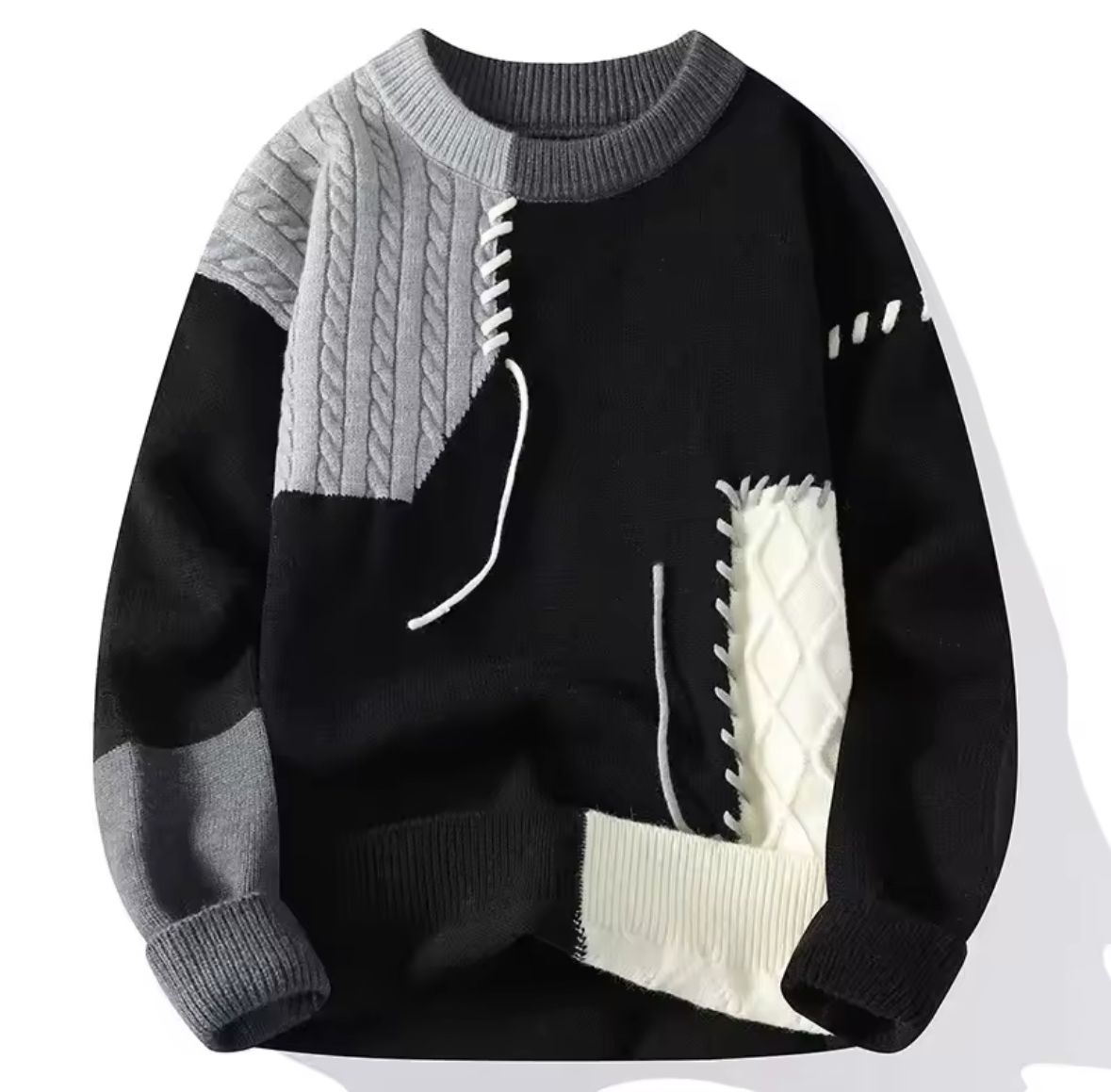 Men's Knitted Sweaters, Patchwork Sweater, Crew Neck Pullovers, Spliced Long Sleeve Jumper, Standard Wool Lightweight Stretch Casual 2025