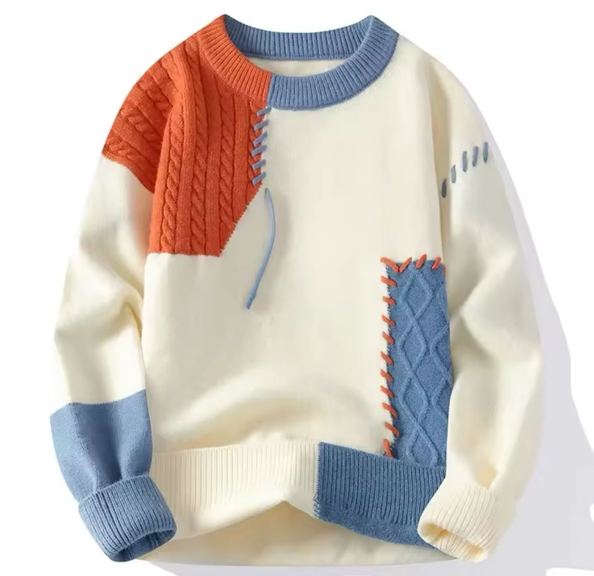 Men's Knitted Sweaters, Patchwork Sweater, Crew Neck Pullovers, Spliced Long Sleeve Jumper, Standard Wool Lightweight Stretch Casual 2025
