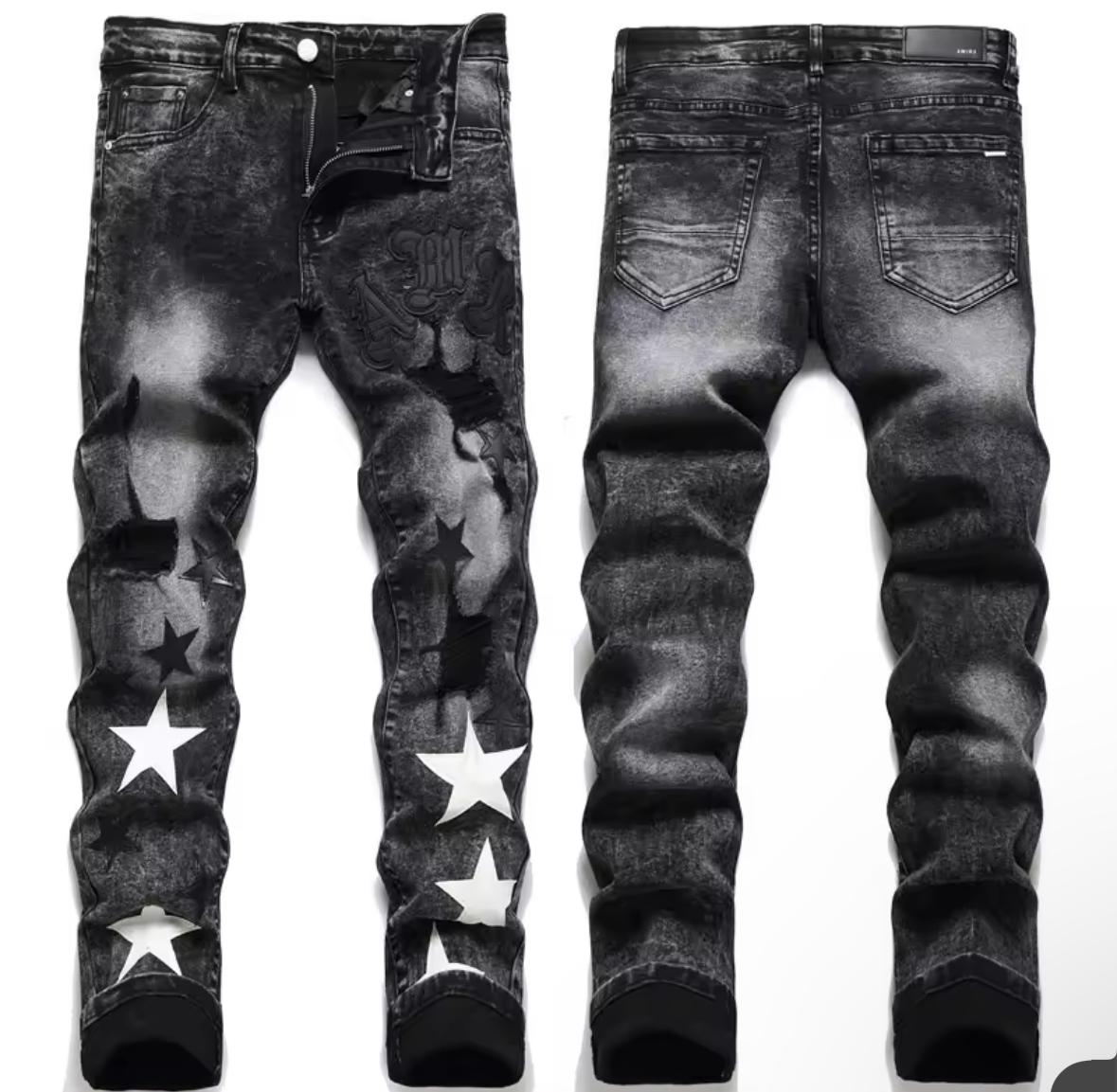 Slim fit stretch black cotton embroidered leather label with broken hole star fashion jeans