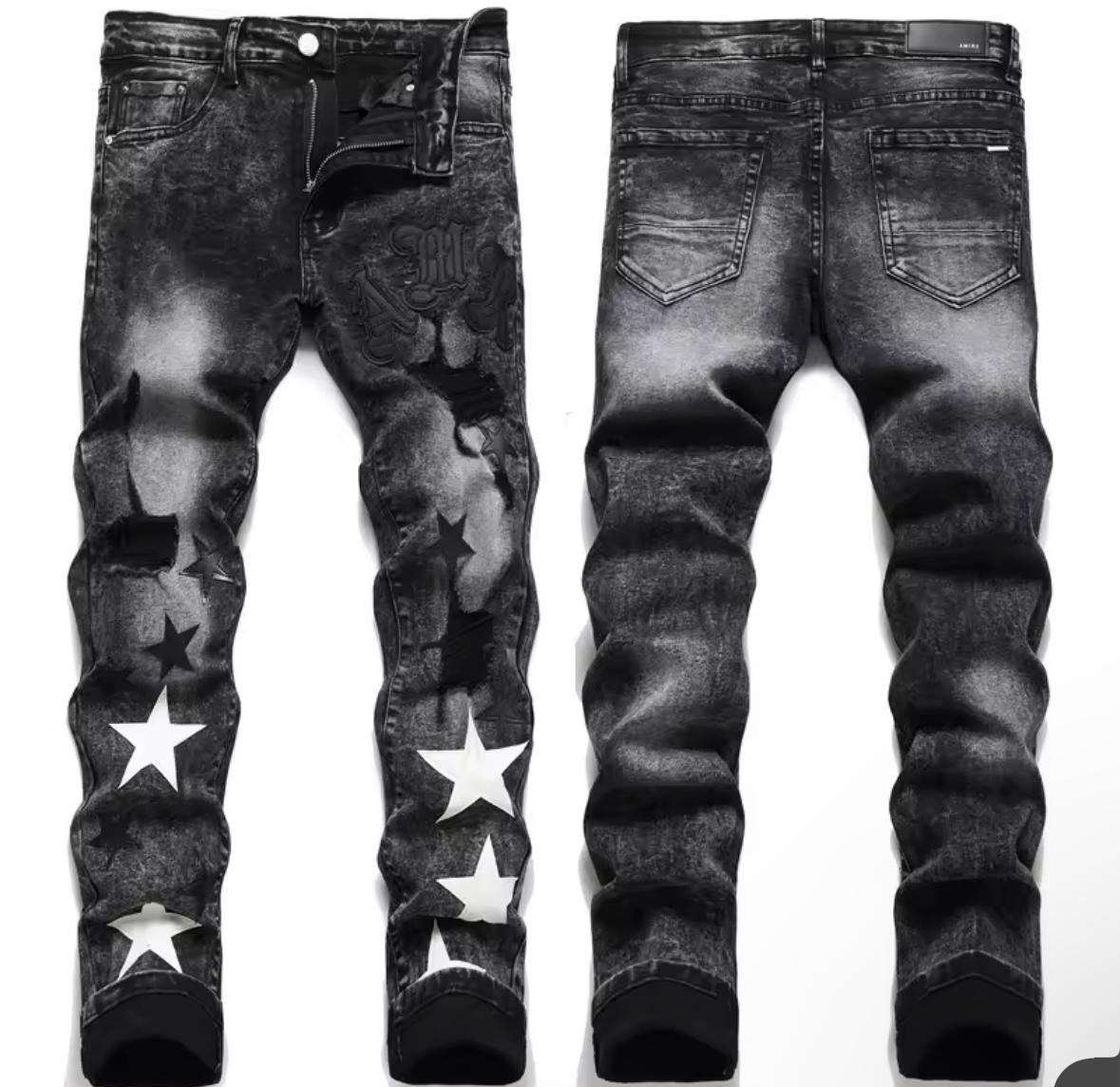 Slim fit stretch black cotton embroidered leather label with broken hole star fashion jeans