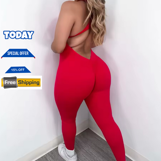 Sleeveless Jumpsuits for Women Sexy Backless Gym Bodycon Lizvette V Back Scrunch Butt Rompers
