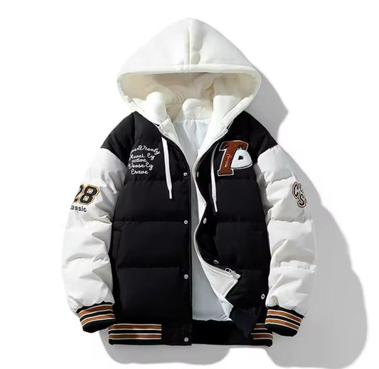 New men's cotton coats, winter fashion, thick hooded cotton coat, loose and warm embroidered print fake two-piece 🧥