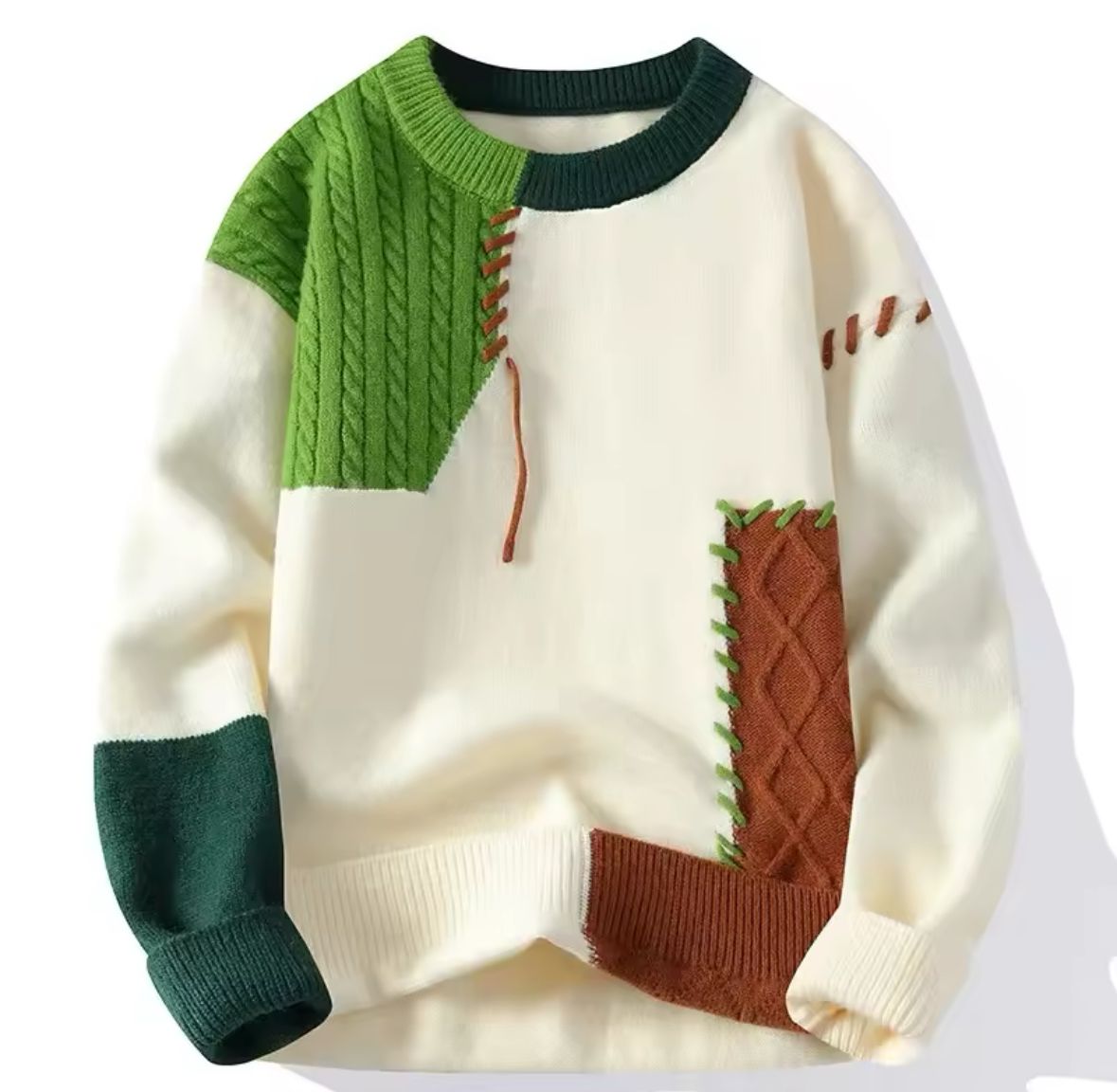 Men's Knitted Sweaters, Patchwork Sweater, Crew Neck Pullovers, Spliced Long Sleeve Jumper, Standard Wool Lightweight Stretch Casual 2025