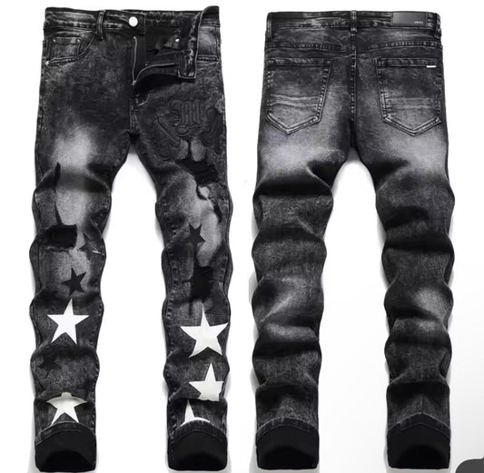 Slim fit stretch black cotton embroidered leather label with broken hole star fashion jeans